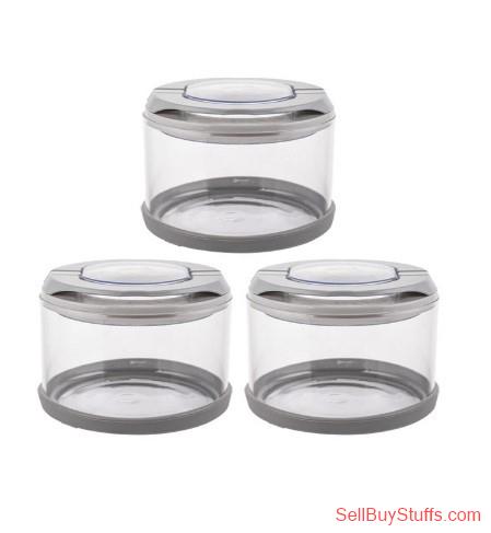 Mumbai White Gold Set Of 3 Transparent & Grey Flip Lock-Tight Borosilicate Glass Storage Jars