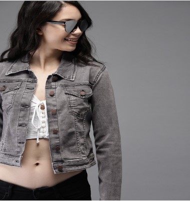 Mumbai HERE&NOW Women Grey Solid Cropped Denim Jacket