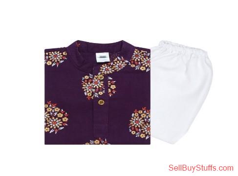 Mumbai Myntra New-Superminis Boys Pure Cotton Gold Foil Printed Purple & White Kurta Pyjama Set