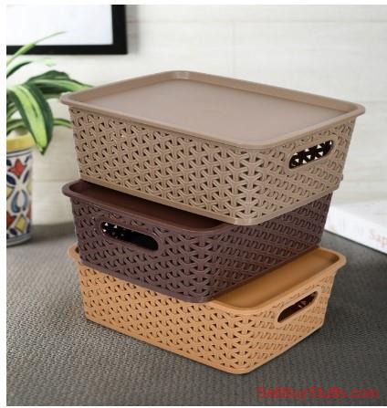 Mumbai Kuber Industries Set Of 3 Brown & Beige Texured Small Size Multipurpose Solitaire Storage Basket With Lid