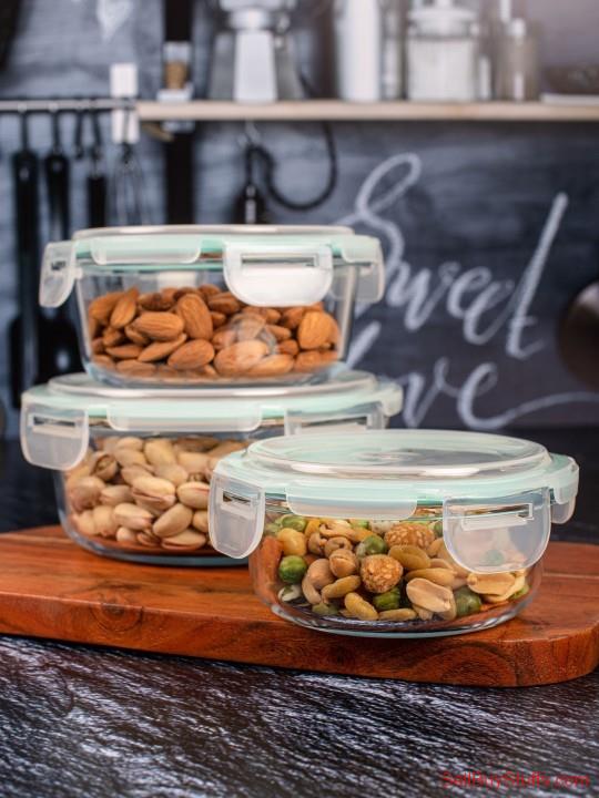 Mumbai GOODHOMES Set Of 3 Transparent Glass Storage Bowl with Plastic Lid