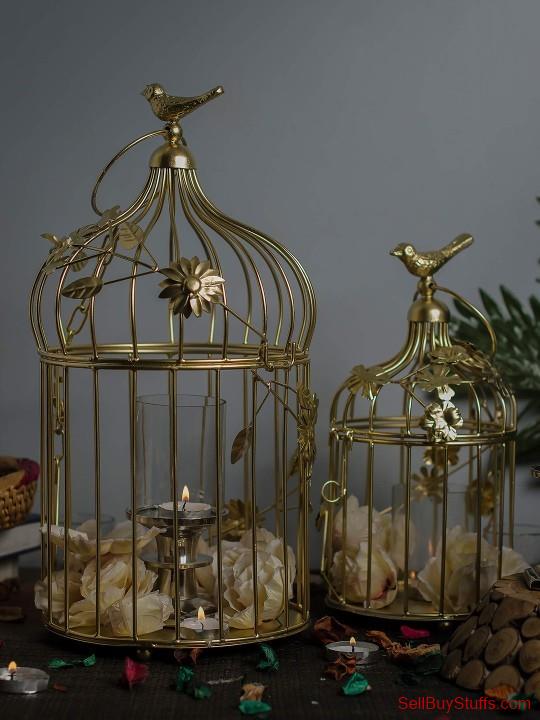 Mumbai Homesake Gold-Toned Set of 2 Hand-Crafted Bird Cage Showpiece with Hanging Chain