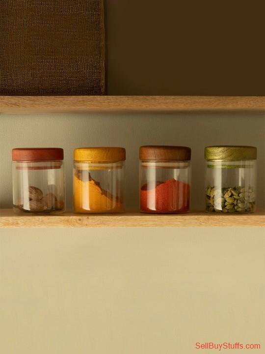 Mumbai ellementry Set Of 4 Transparent Solid Glass Jars With Wooden Lid