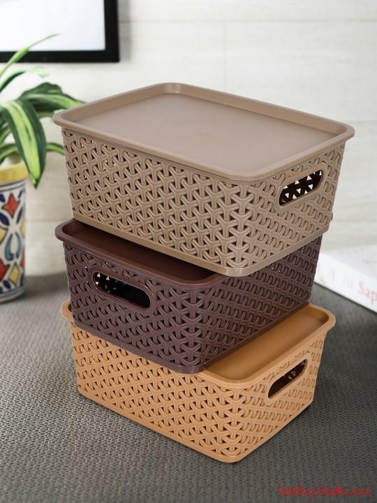 Mumbai Kuber Industries Set Of 3 Brown & Beige Texured Small Size Multipurpose Solitaire Storage Basket With Lid