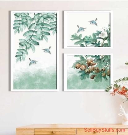 Mumbai Art Street Set Of 3 Sea-Green & White Printed Four Sparrow Framed Wall Art
