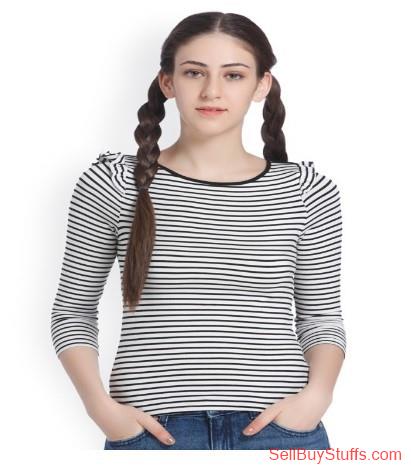 Mumbai ONLY Women White & Black Striped Round Neck T-shirt