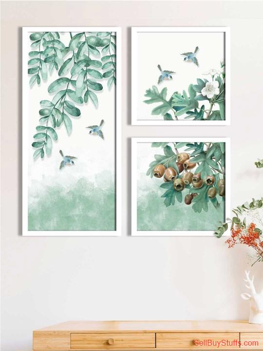Mumbai Art Street Set Of 3 Sea-Green & White Printed Four Sparrow Framed Wall Art