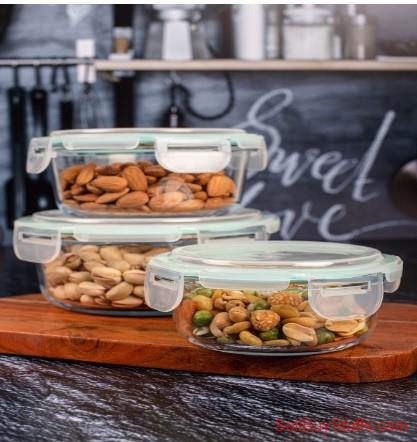 Mumbai GOODHOMES Set Of 3 Transparent Glass Storage Bowl with Plastic Lid