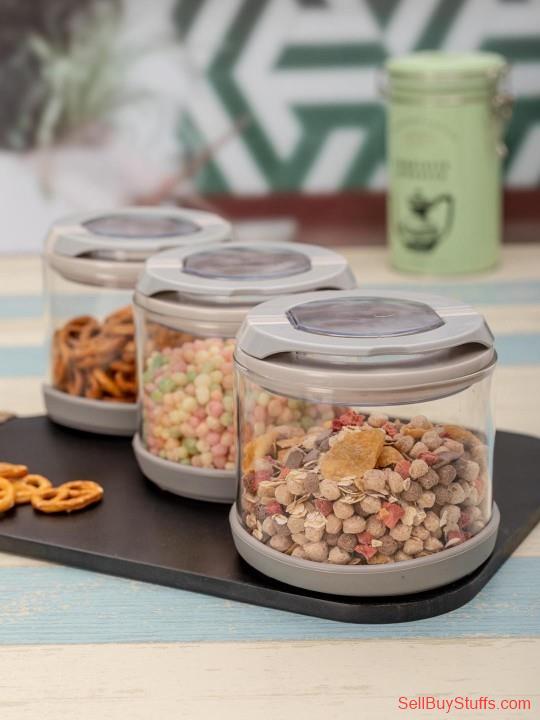 Mumbai White Gold Set Of 3 Transparent & Grey Flip Lock-Tight Borosilicate Glass Storage Jars