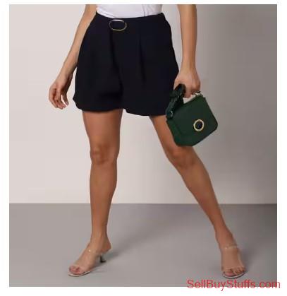 Mumbai Women Belted Pleated Navy Shorts