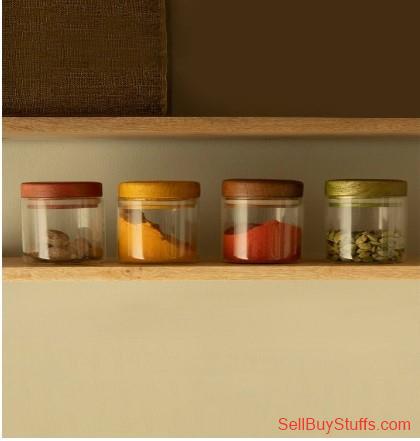 Mumbai ellementry Set Of 4 Transparent Solid Glass Jars With Wooden Lid