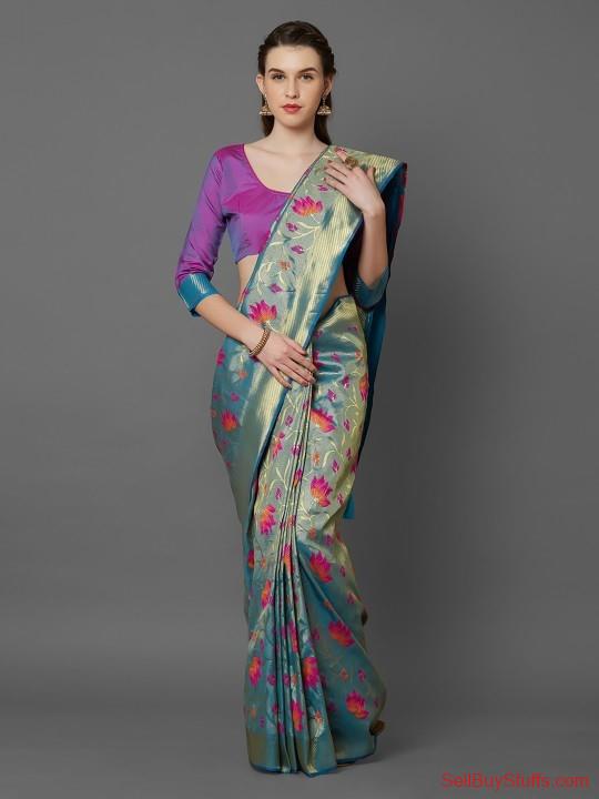 Mumbai Mitera Turquoise Blue & Purple Silk Blend Woven Design Kanjeevaram Saree
