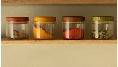 Mumbai Ellementry Set Of 4 Transparent Solid Glass Jars With Wooden Lid