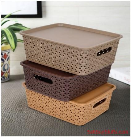 Mumbai Kuber Industries Set Of 3 Brown & Beige Texured Small Size Multipurpose Solitaire Storage Basket With Lid