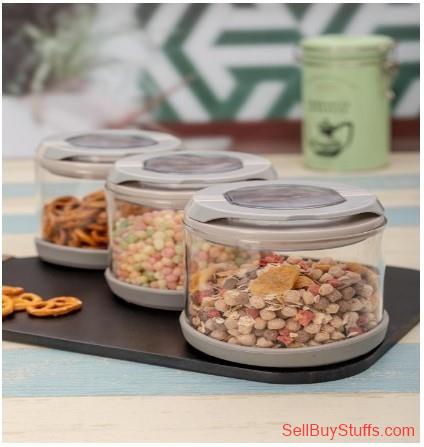 Mumbai White Gold Set Of 3 Transparent & Grey Flip Lock-Tight Borosilicate Glass Storage Jars